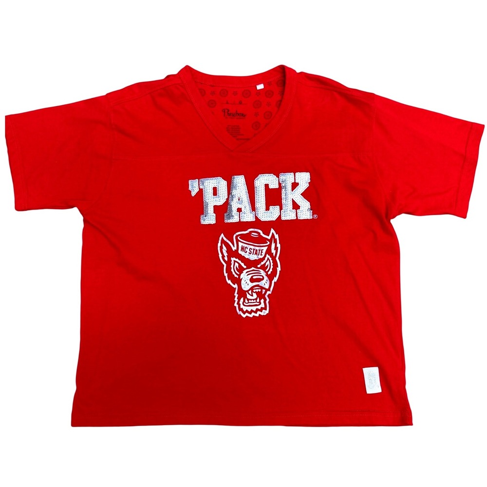 Pressbox Red NC State Wolfpack Sequin T-Shirt Women Large‎